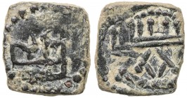 KASHMIR: Anonymous, ca. 4th/6th century, AE square unit (0.68g), cf. Zeno-27754 (similar obverse legend), 2-letter Brahmi legend // unusual design, no...