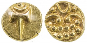 MARATHA CONFEDERACY: AV fanam, ND, KM-280, dagger, whose hilt has been made to look like a sun and moon // two rows of pellets within a heart-shaped b...