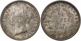 BRITISH INDIA: Victoria, as Queen, 1837-1876, AR ¼ rupee, 1840 (b & c), KM-454.2, Prid-105, S&W 3.52, divided legend, Type A/I, W.W. on truncation, no...