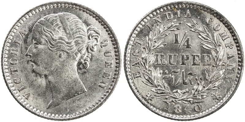 BRITISH INDIA: Victoria, Queen, 1837-1876, AR ¼ rupee, 1840(b&c), KM-454.2, S&W-...