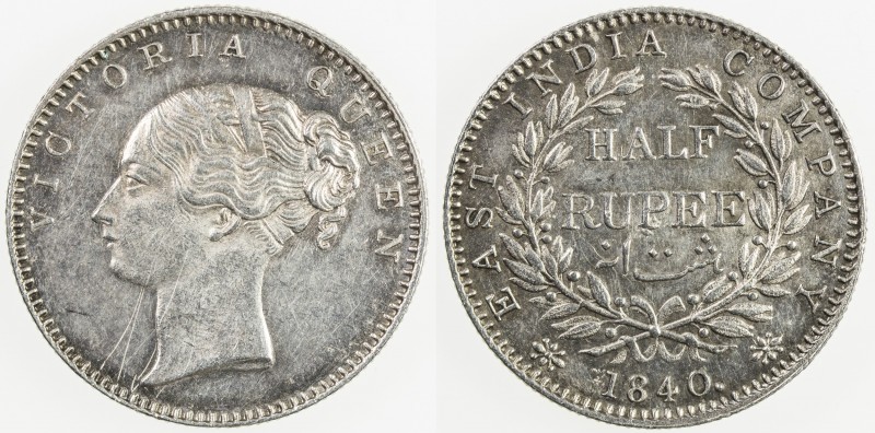BRITISH INDIA: Victoria, as Queen, 1837-1876, AR ½ rupee, 1840, KM-455.4, Prid-7...