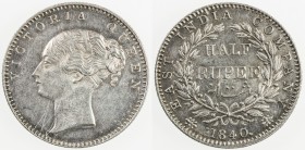 BRITISH INDIA: Victoria, as Queen, 1837-1876, AR ½ rupee, 1840, KM-455.4, Prid-77, S&W 2.35, "Indian" head, dot after date, crescent on bow, slightly ...