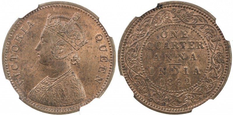 BRITISH INDIA: Victoria, as Queen, 1837-1876, AE ¼ anna, 1862 (c), KM-467, Prid-...