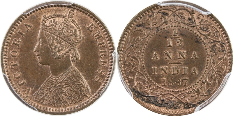 BRITISH INDIA: Victoria, Empress, 1876-1901, AE 1/12 anna, 1887(c), KM-483, PCGS...