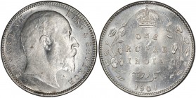 BRITISH INDIA: Edward VII, 1901-1910, AR rupee, 1904-B, KM-508, S&W-7.25, PCGS graded MS62.
Estimate: USD 50 - 75