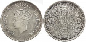 BRITISH INDIA: George VI, 1936-1947, AR rupee, 1938(c), KM-555, without dot, EF to AU. All 1938 one rupee coins meant for circulation were minted in B...