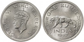 BRITISH INDIA: George VI, 1936-1947, 1 rupee, 1947(l), KM-559, S&W-9.40, uneven toning, scarce, especially in mint state, Unc. The Lahore mint was the...