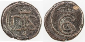 TRANQUEBAR: Christian VI, 1730-1746, AE 4 kas (3.10g), ND, KM-138.2, Gray-124, Jensen-212, crowned C6, entwined // crowned DAC monogram, number 4 belo...