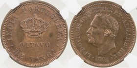 PORTUGUESE INDIA: Luiz I, 1861-1889, AE 1/8 tanga, 1881, KM-307, we would call red and brown, NGC graded MS64 BN.
Estimate: USD 170 - 210