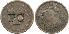 CEYLON: AE token (10.86g), ND [ca. 1850?], Prid-115, Brunk C-79, large "TC" (broken T punch) countermark on 1835 small 8, small stars U.S. Large Cent ...