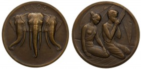 LAOS: AE medal (98.12g), ND (1930-1), 59mm unsigned bronze medal for the Colonial Exhibition of Paris by Lindauer or Prud'homme, 3 elephants (the anci...