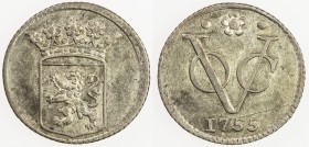 NETHERLANDS EAST INDIES: Dutch Republic, AR ½ duit, Holland, 1755, KM-72a, Sc-359, United East India Company (VOC) issue, off-metal strike in silver, ...