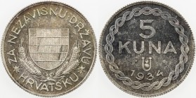 CROATIA: AR 5 kuna, 1934, KM-Pn7, issued by Deschler & Sohn, München for the Ustasa (Croatian Revolutionary Movement), attractive toning, Unc. The Ust...