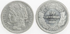 FRANCE: Second Republic, 10 centimes, 1848, Maz-1319A, white metal pattern by Farochon, laureate bust of the Republic wearing the lion skin left, betw...