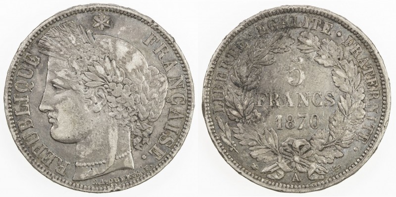 FRANCE: Third Republic, AR 5 francs, 1870-A, KM-819, Gad-743, couple faint rim b...