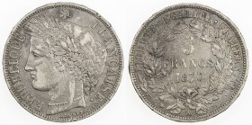 FRANCE: Third Republic, AR 5 francs, 1870-A, KM-819, Gad-743, couple faint rim bumps, VF to EF.
Estimate: USD 75 - 100