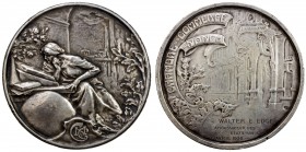 FRANCE: AR medal (153.71g), 1930, 68mm, Nancy Chamber of Commerce large silver medal by Victor-Émile Prouvé in Paris; woman reading in a floral frame ...