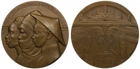 FRANCE: AE medal (191.5g), 1931, 68mm bronze medal for the International Colonial Exposition by Edouard-Pierre Blin and H. Teterger, 3 conjoined busts...