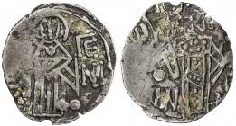 GEORGIA: Anonymous, late 13th century, AR kirmaneuli (2.56g), Bennett-477, king standing, holding labarum & globus cruciger // St. Eugene standard, im...