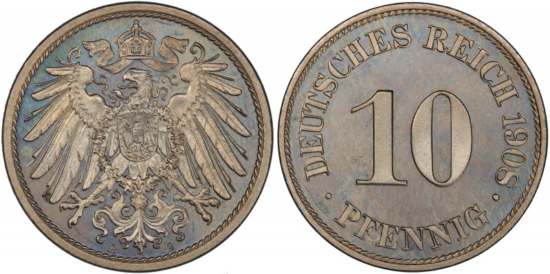 GERMANY: Wilhelm II, 1888-1918, 10 pfennig, 1908-A, KM-12, Jaeger 13, lightly to...