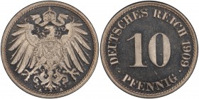 GERMANY: Wilhelm II, 1888-1918, 10 pfennig, 1909-A, KM-12, Jaeger 13, nearly flawless untoned piece, PCGS graded Proof 66 CAM.
Estimate: USD 130 - 16...