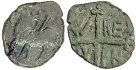 SICILY: William I, the "Bad", 1154-1166, AE follaro (1.38g), Salerno, Travaini-305, Biaggi-2293, Agnus Dei standing left, head right, cradling long cr...