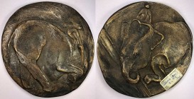 ITALY: AE medal, ND (1998), 165mm bronze medal by abstract sculptor Robert Cook, high relief depiction of elephant drinking from watering hole // elep...
