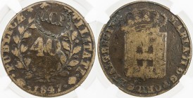 PORTUGAL: AE 40 reis, ND [1847], KM-415.1, Gomes M2.20.10, GCP countermark on 1847 Portugal 40 reis (KM-402), NGC graded VG10 BN. The Patuleia or Litt...