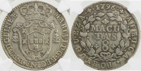 ANGOLA: Maria I, 1786-1799, AR 8 macutas, 1796, KM-34, good eye appeal, NGC graded VF Details (cleaned).
Estimate: USD 115 - 145