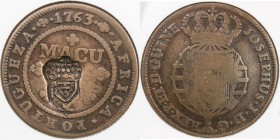 ANGOLA: Maria II, 1834-1853, AE 2 macutas, ND [1837], KM-51.1, revaluation arms countermark on 1763 Angola macuta (KM-12), countermark double-punched,...