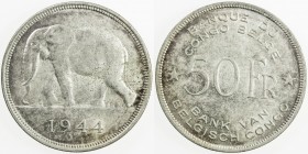 BELGIAN CONGO: Léopold III, 1934-1950, AR 50 francs, 1944, KM-27, struck at South African Mint, Pretoria, elephant left, mottled toning, Unc, ex Jerry...