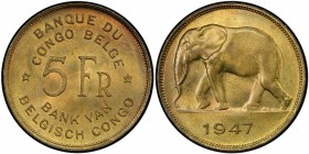 BELGIAN CONGO: Léopold III, 1934-1950, 5 francs, 1947, KM-28, Y-25, elephant left, PCGS graded MS64, ex Jerry D. Williams Collection. 
Estimate: USD ...