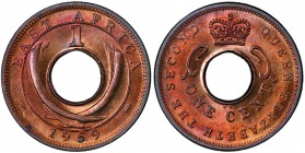 EAST AFRICA: Elizabeth II, 1952-, AE cent, 1959-KN, KM-35, red-violet tone, PCGS graded Specimen 66RB, ex King's Norton Collection. 
Estimate: USD 75...