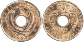 EAST AFRICA: Elizabeth II, 1952-, AE 5 cents, 1957-KN, KM-37, Y-38, lustrous, PCGS graded Specimen 64RB, ex King's Norton Mint Collection. 
Estimate:...