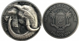 IVORY COAST: Republic, AR 5000 francs CFA, 2017, 5 oz. 50mm .999 silver depicting coat of arms with date above and REPUBLIQUE DE COTE D'IVOIRE - 5000 ...