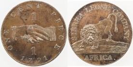 SIERRA LEONE: George III, 1760-1820, AE cent, 1791, KM-1, Vice 9A, mintage of only 400 pieces, just the slightest rub on a few high points, brown, two...