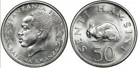 TANZANIA: Republic, 50 senti, 1966, as KM-3, trial strike in nickel, PCGS graded Specimen 66, R, ex King's Norton Mint Collection. 
Estimate: USD 125...