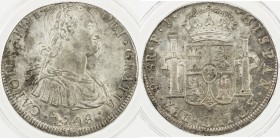 BOLIVIA: Carlos IV, 1788-1808, AR 8 reales, 1808, KM-73, assayer PJ, flan flaw at date, lustrous under somewhat uneven light tone, ANACS graded AU55....