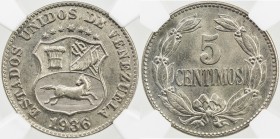 VENEZUELA: Republic, 5 centimos, 1936, Y-27, fully lustrous under light tone, NGC graded MS64.
Estimate: USD 45 - 55