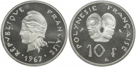 FRENCH POLYNESIA: French Overseas Territory, AR 10 francs, 1967, KM-P2, piedfort of KM-5 in silver, mintage of only 50 pieces, Gem Proof, RR. 
Estima...