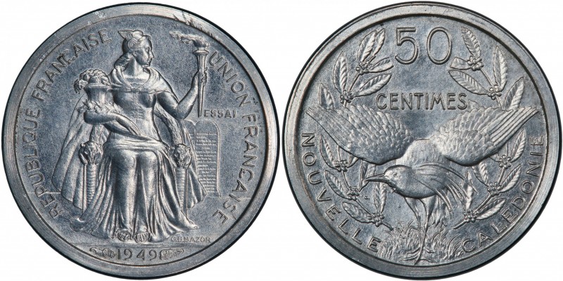 NEW CALEDONIA: 50 centimes, 1949, KM-PE1, piedfort (piéfort) essai in aluminum, ...