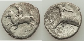 CALABRIA. Tarentum. Ca. early 3rd century BC. AR stater or didrachm (20mm, 7.11 gm, 8h). VG, crystalized. Ca. 302-280 BC. Youth galloping left / ΤΑΡΑΣ...