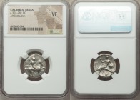 CALABRIA. Tarentum. Ca. 302-281 BC. AR didrachm (20mm, 12h). NGC VF. Dai- and Fi-, magistrates. Helmeted warrior on horseback right, shield and two sp...