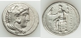 MACEDONIAN KINGDOM. Alexander III the Great (336-323 BC). AR tetradrachm (28mm, 16.73 gm, 6h). Choice XF, porosity, graffito. Lifetime issue of Myrian...