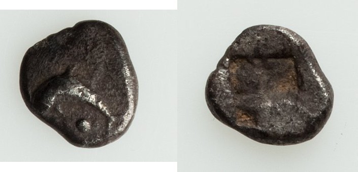 THRACIAN ISLANDS. Thasos. Ca. 500-449 BC. AR hemiobol (6mm, 0.35 gm). VF. Dolphi...