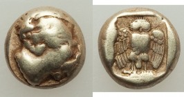 LESBOS. Mytilene. Ca. 454-427 BC. EL sixth-stater or hecte (10mm, 2.48 gm, 11h). Fine. Forepart of goat right, head reverted / Owl standing facing, wi...