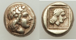 LESBOS. Mytilene. Ca. 412-378 BC. EL sixth-stater or hecte (10mm, 2.54 gm, 7h). Choice Fine. Laureate head of Apollo right, with long hair / Female he...