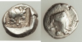 CARIA. Uncertain mint. Ca. 450-400 BC. AR diobol (12mm, 2.38 gm, 10h). VF. Milesian standard. Forepart of bull right, truncation decorated with pellet...
