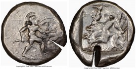 PAMPHYLIA. Aspendus. Ca. mid-5th century BC. AR stater (21mm, 2h). NGC VF, test cut. Helmeted nude hoplite warrior advancing right, shield in left han...