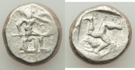 PAMPHYLIA. Aspendus. Ca. mid-5th century BC. AR stater (20mm, 10.85 gm, 4h). VF. Helmeted nude hoplite warrior advancing right, shield in left hand, s...